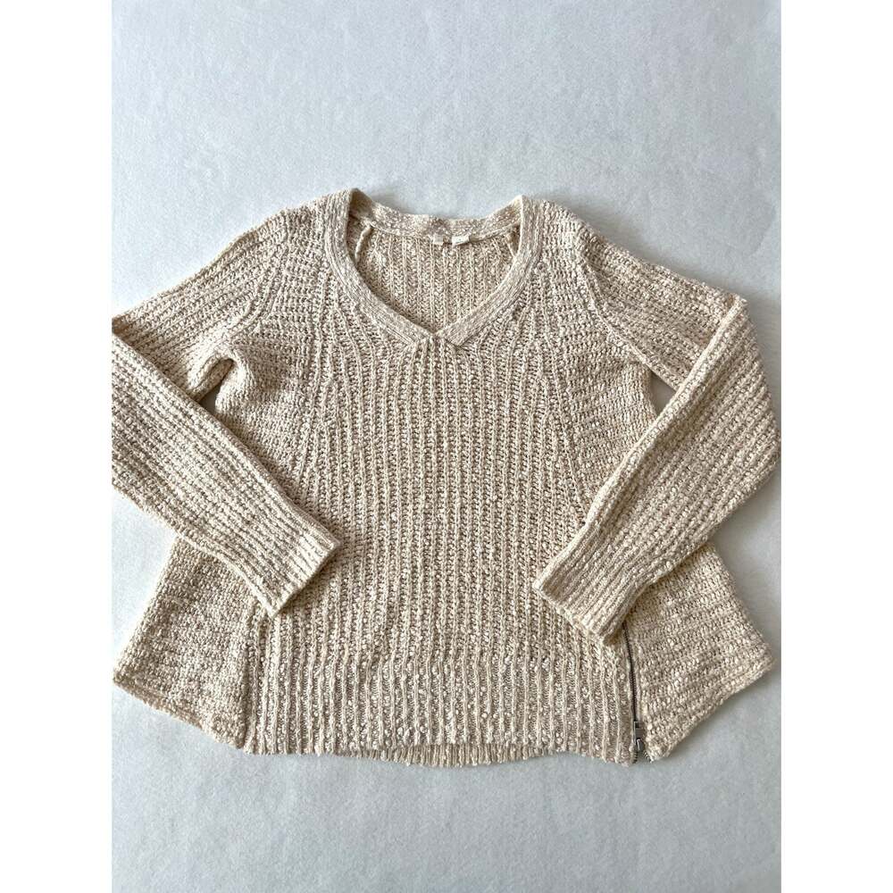 Anthropologie Moth Sweater Women L Beige V Neck Chunky Side Zip Pullover Raglan